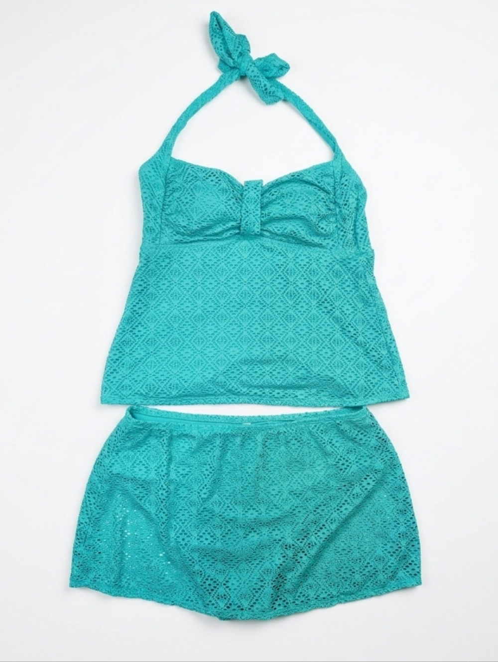 Catalina Teal Crochet Lace Tankini Set Skirted Bottoms Halter Top Swimwear